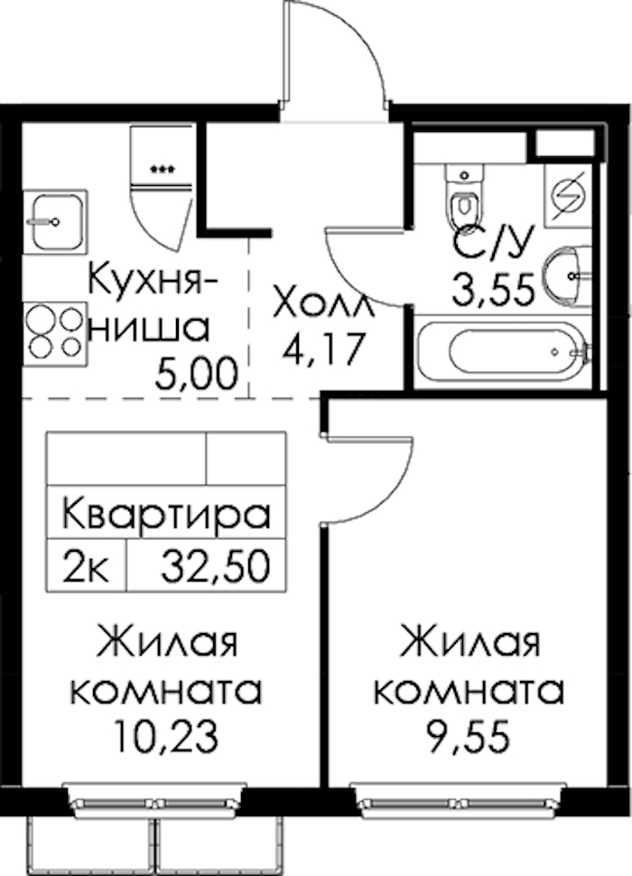 1-комнатная квартира 32.5 м², 8/15 эт., ЖК «Янинский лес»